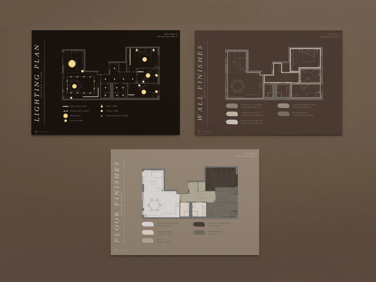 Three architectural plans on a brown background