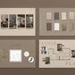 Set of interior design brochures with color samples and floor plans on a brown background