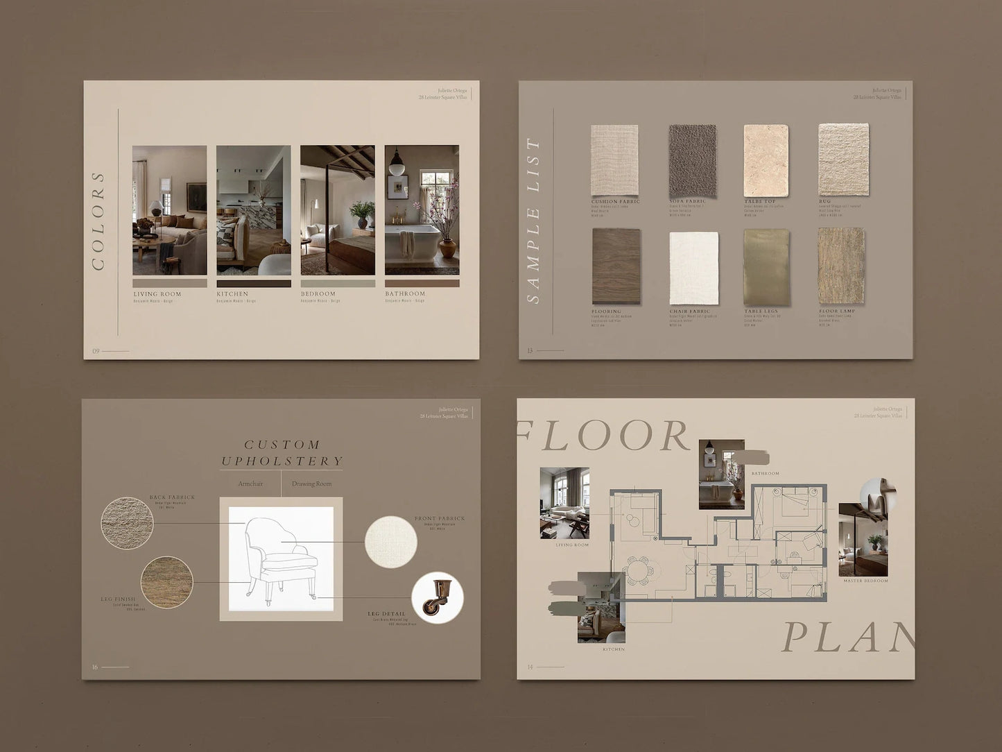 Set of interior design brochures with color samples and floor plans on a brown background