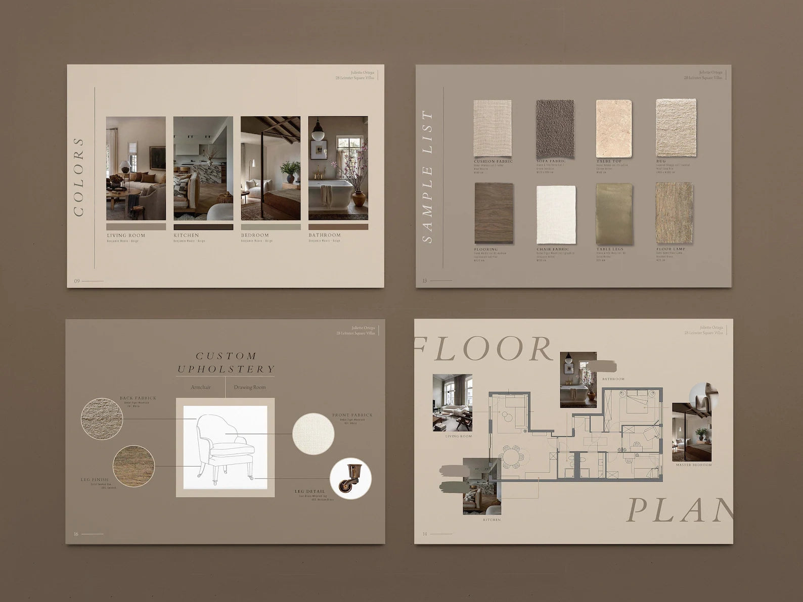 Set of interior design brochures with color samples and floor plans on a brown background
