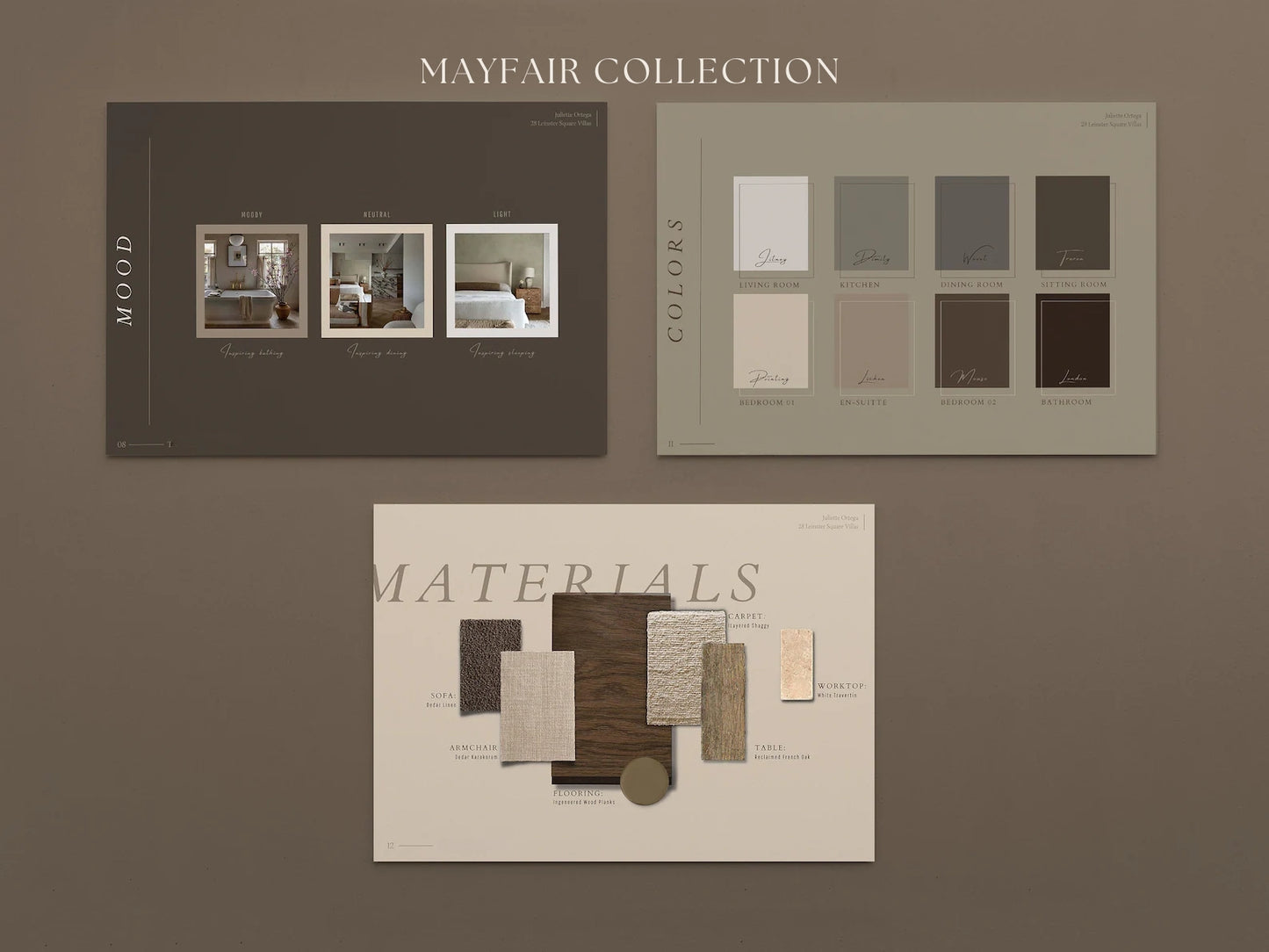Three brochures titled 'Mood', 'Colours', and 'Materials' from the Mayfair Collection on a brown background.