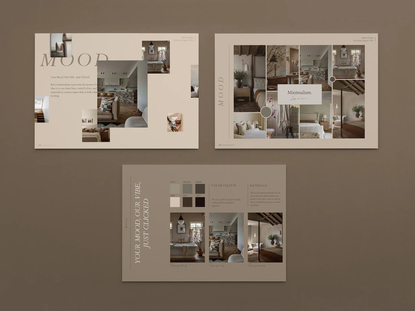 Three interior design brochures on a brown background