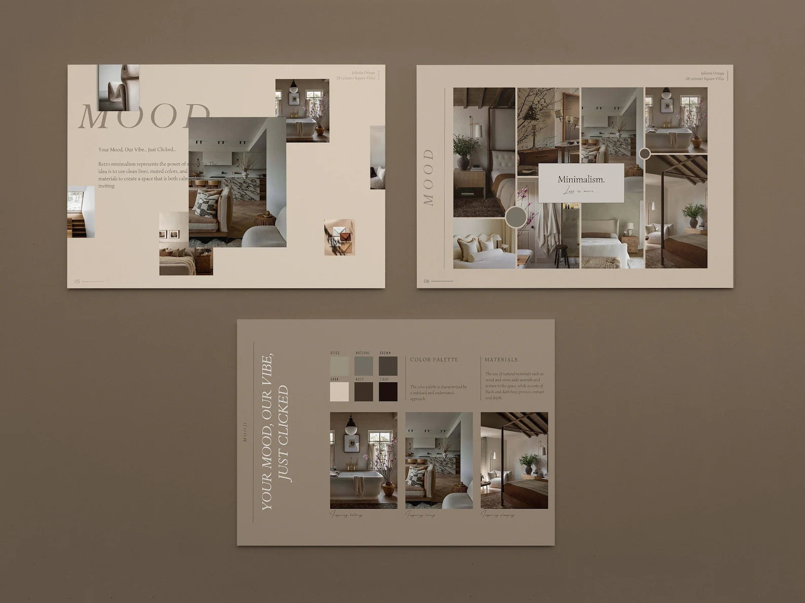 Three interior design brochures on a brown background