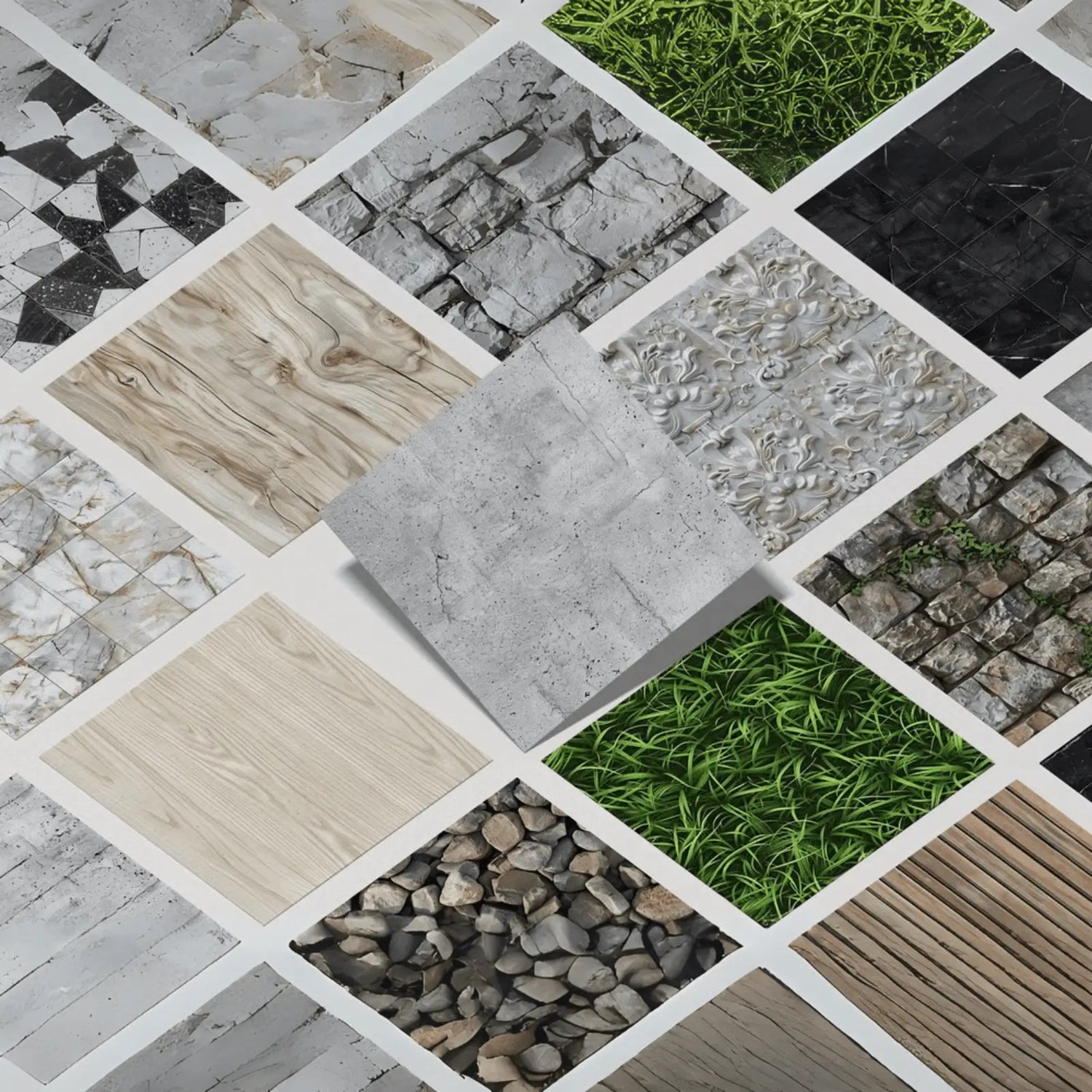 Collage of various textured tiles including stone, wood, and grass.