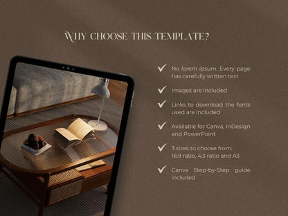 Promotional graphic for a design template with a tablet displaying a room scene and text about the template's features.