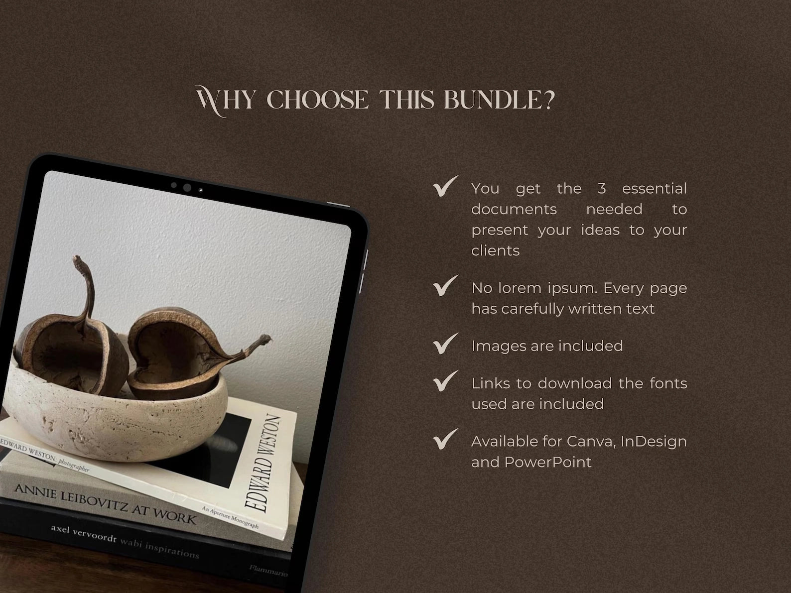 Promotional graphic for a design bundle with a tablet displaying a book cover and text on a brown background.