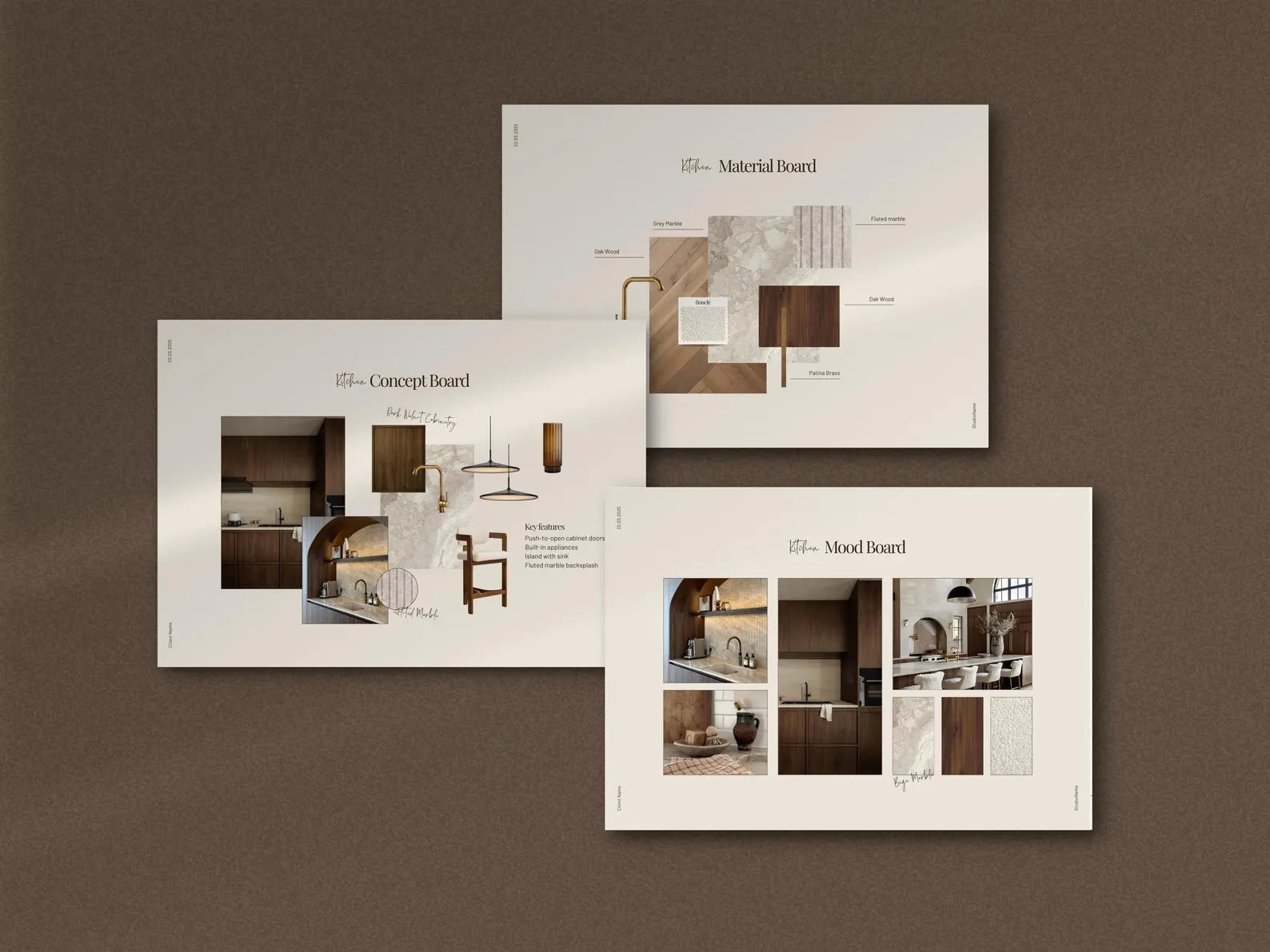 Three design boards on a brown background