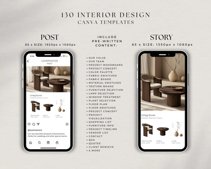 Promotional graphic for 130 interior design Canva templates, showing two smartphone mockups with template screens and a centered list of included pre-written content on a light gray background.