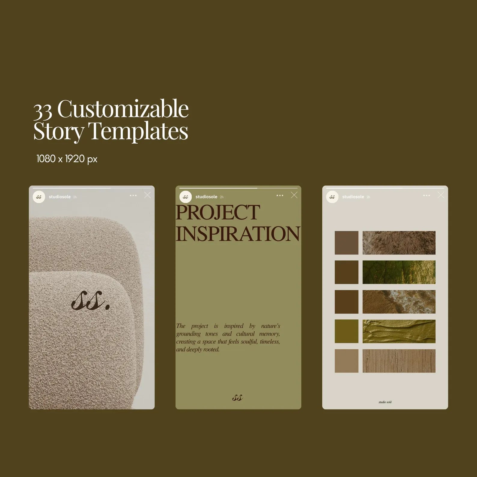 Three customizable story template designs on a brown background with text.