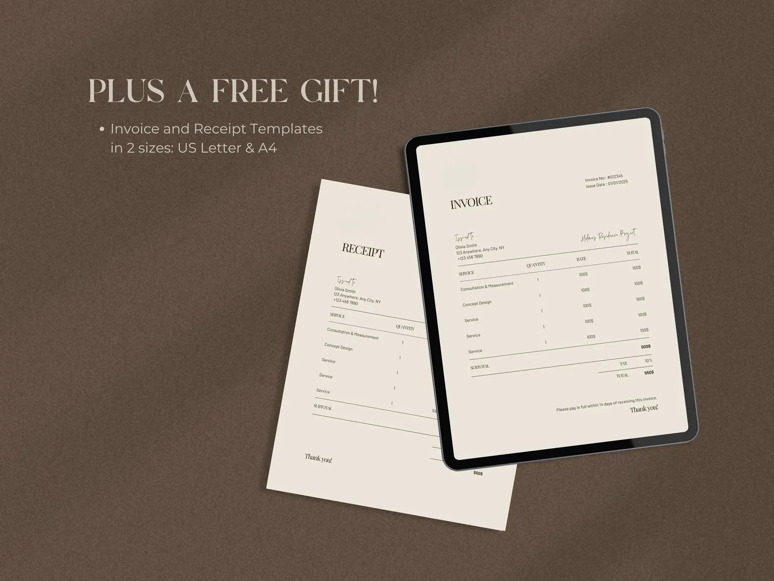 Invoice and receipt templates on a tablet and paper with a brown background