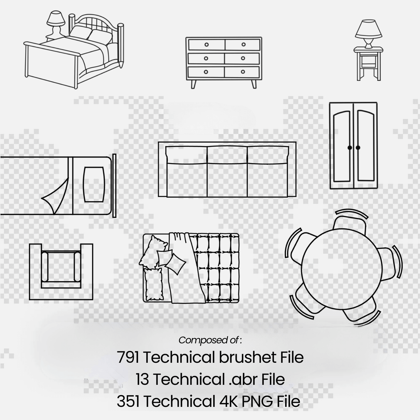 Set of black line drawings of bedroom furniture on a transparent background