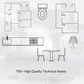 Line drawings of furniture and fixtures on a transparent background with text '700+ High Quality Technical Assets'.