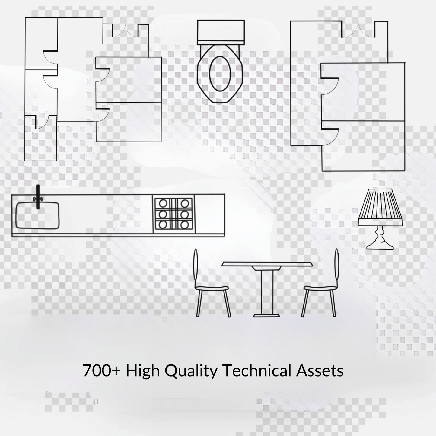 Line drawings of furniture and fixtures on a transparent background with text '700+ High Quality Technical Assets'.