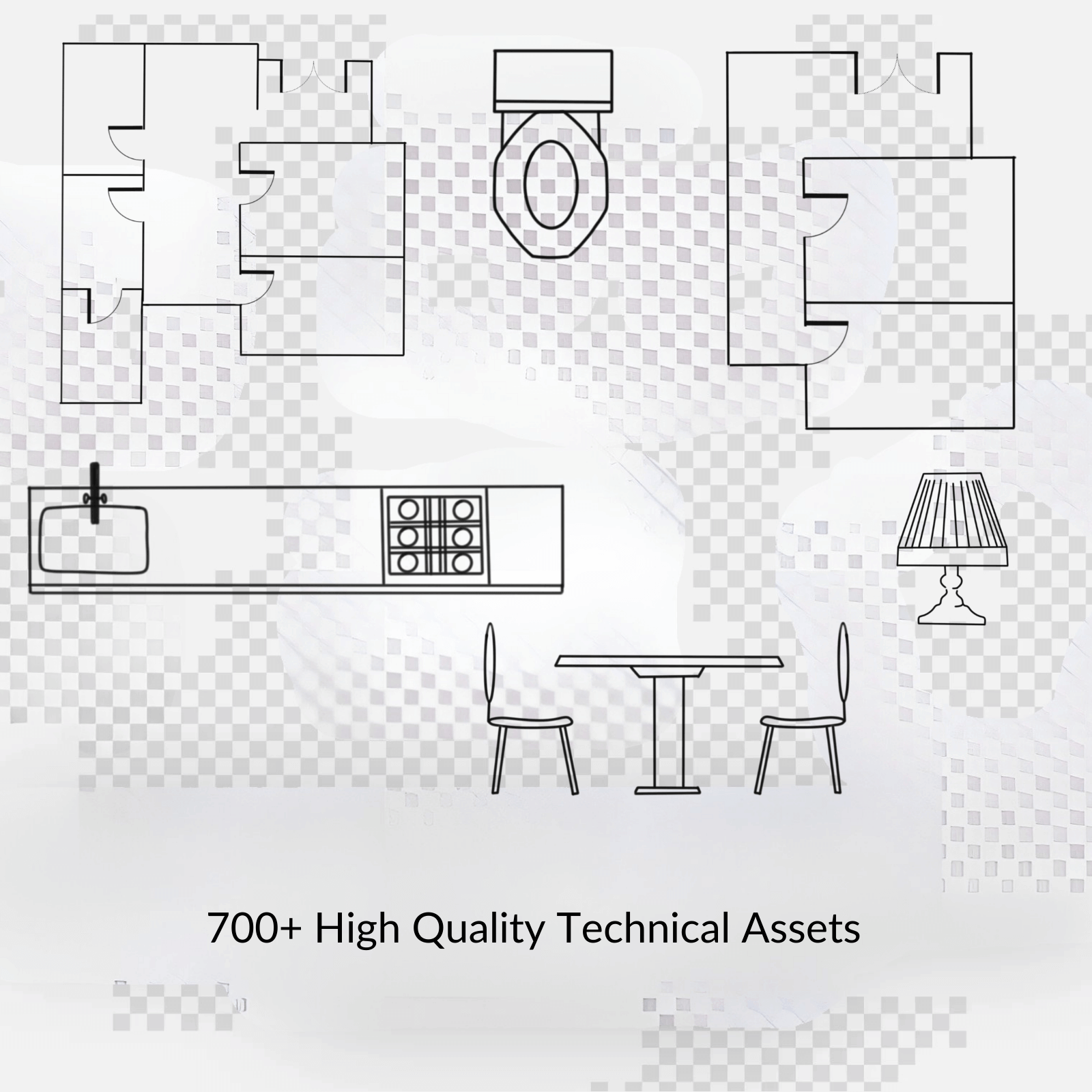 Line drawings of furniture and fixtures on a transparent background with text '700+ High Quality Technical Assets'.