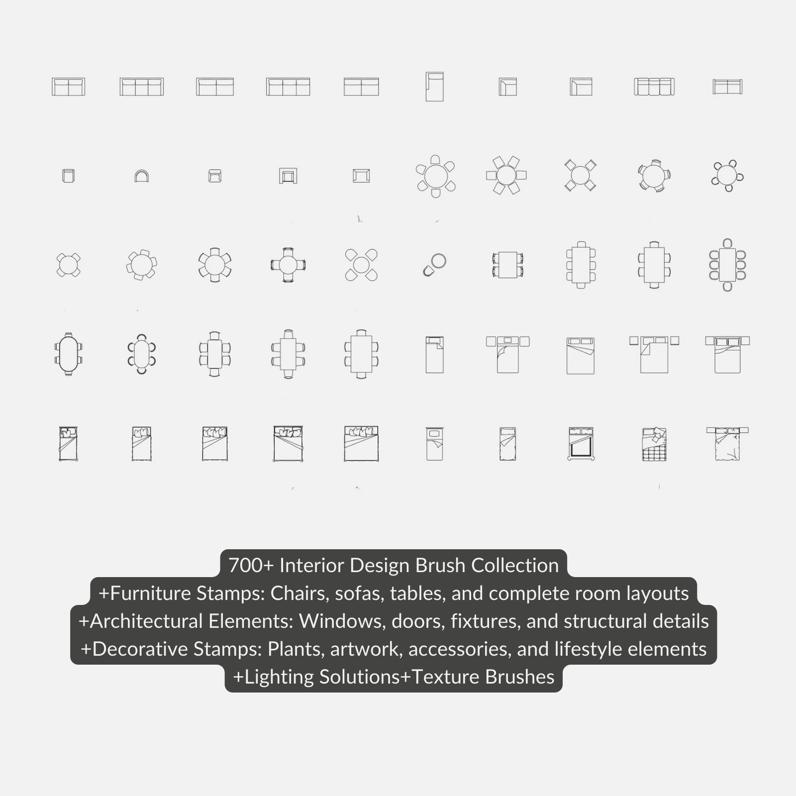 Collection of interior design brush icons on a light gray background with text describing the features.