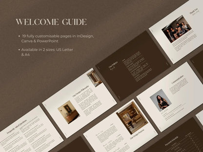 Welcome guide with customizable pages in InDesign, Canva, and PowerPoint on a brown background.