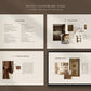 Four design pages with text and images on a brown background