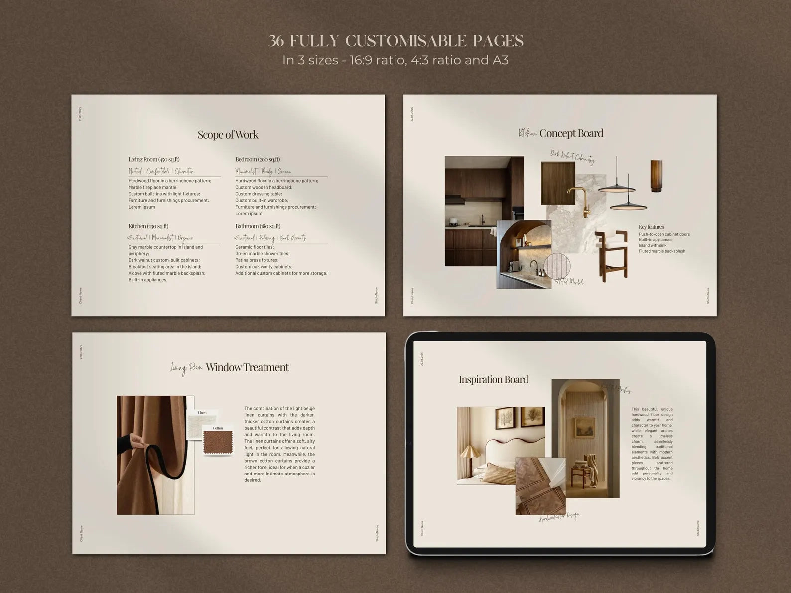 Four design pages with text and images on a brown background