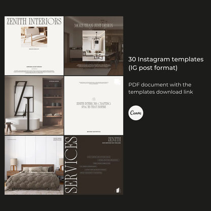 Promotional graphic for Zenith Interiors Instagram templates with images of interior design.